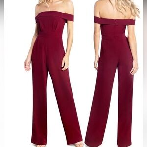 Dress The Population‎ Julian Crepe Off The Shoulder Wide Leg Jumpsuit Burgundy S